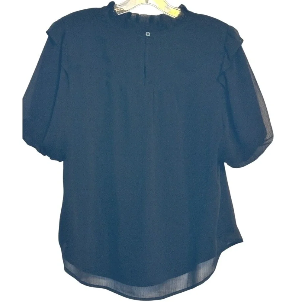 LOFT Blouse Women Black Ruffle Mock Neck Puff Sleeve Chic Chiffon Elegant ‎ LP